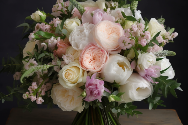 Enchanting Embrace: Pastel Pink Garden Rose Bouquet with Seasonal Mead -  Lauri Bloom